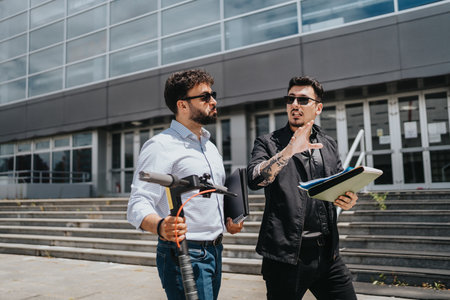Two colleagues discussing work while walking outside a modern buildingの写真素材