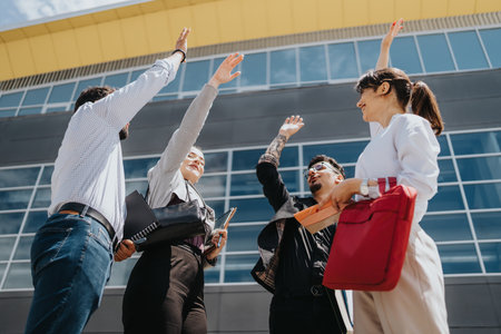 Group of business colleagues celebrating outdoors in front of modern building