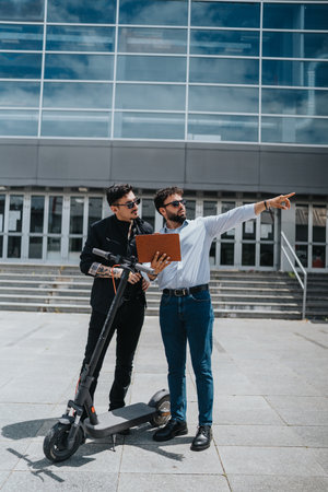 Business colleagues discussing plans outdoors with a modern scooter