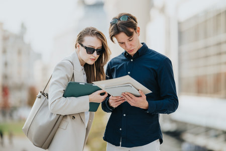 Young business associates review documents outdoors in an urban setting and collaborateの写真素材