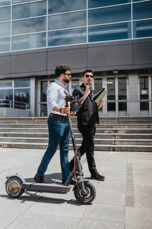 Two business colleagues walking with a scooter and discussing near office buildingの写真素材
