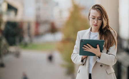 Young professional woman in a light blazer reading a tablet outdoors in a city setting