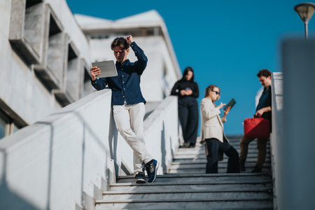 Young professionals on a sunny outdoor staircase, sharing tablets and devices during workの写真素材