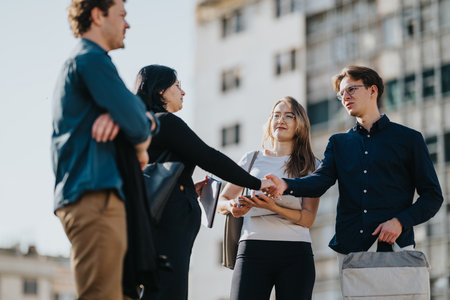 Young professionals shake hands outdoors after a meeting in a modern city setting