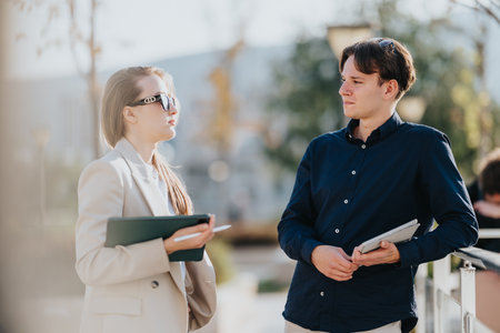 Young business associates talk outdoors with tablets and notebooks in a sunny urban settingの写真素材