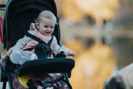 Happy baby in a stroller enjoying an autumn park day with sunlight and warm colorsの写真素材