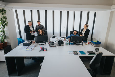 Professional office setting with teamwork and collaboration among business colleaguesの写真素材