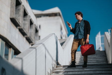 Young professional on outdoor stairs with red bag, looking at his phone in a modern urban settingの写真素材