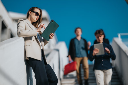 Young business associate uses tablet outdoors while colleagues walk up stairsの写真素材