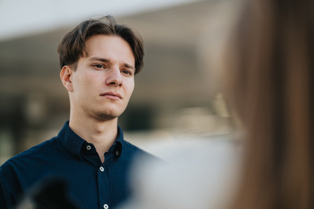 Portrait of a young man in a dark navy shirt with a thoughtful, pensive expression