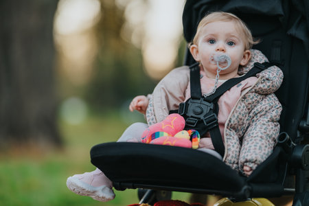 Cute baby in a stroller with pacifier and colorful toys outdoors in a cozy jacketの写真素材
