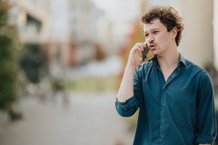 Young man on the phone outdoors in a casual business setting, speaking seriouslyの写真素材