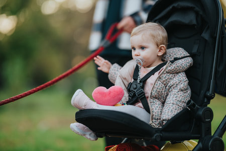 Young baby in stroller with pacifier and heart toy outdoors during a family walk