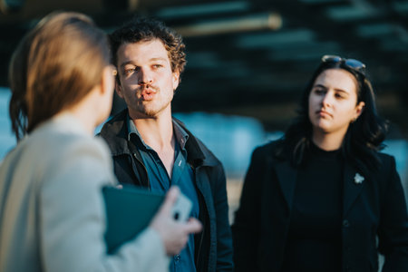Three young professionals discuss business outdoors in casual attire and listen intentlyの写真素材