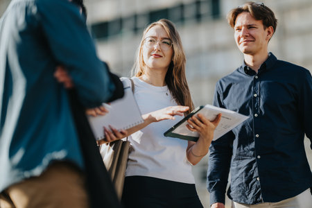 Young business associates discuss project outdoors with notebooks and tabletの写真素材