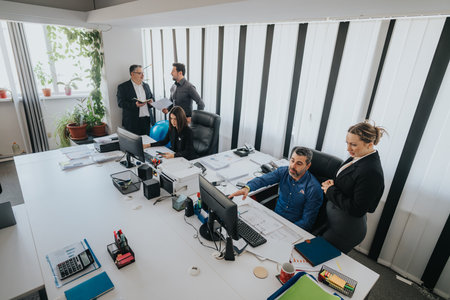 Business team collaborating in a modern office with documents and computersの写真素材