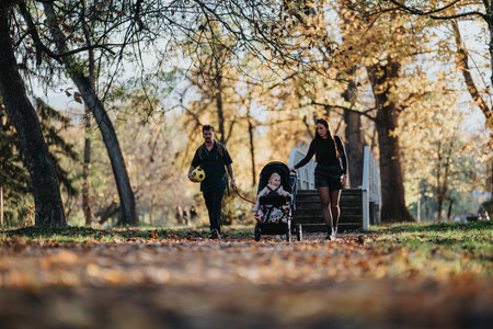 Family stroll in autumn park with baby in stroller, football, and warm sunlightの写真素材