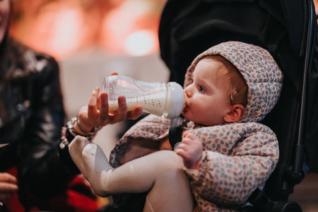 Baby in a stroller sipping milk from a bottle while being cared for by a parent in a shopping settingの写真素材
