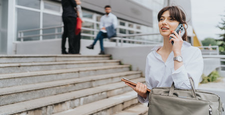 Businesswoman on a phone call while walking near office building stairsの写真素材