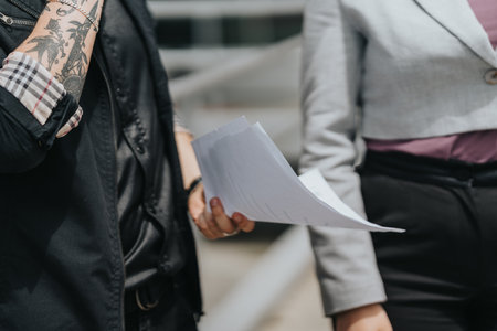 Two people discussing documents outdoors in a close-up contextの写真素材