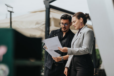 Colleagues discussing a document outdoors in a professional setting