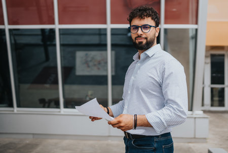 Confident businessperson holding documents outside a modern glass building