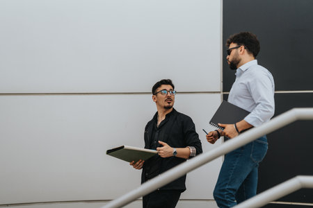 Two business colleagues discussing work while walking near a modern buildingの写真素材
