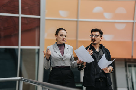 Two business colleagues discussing documents outside a modern building