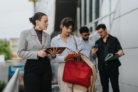 Group of business people discussing documents while walking outdoors near modern building.の写真素材