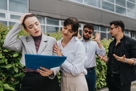 Colleagues engaging in a discussion outdoors with documents and expressions of concernの写真素材