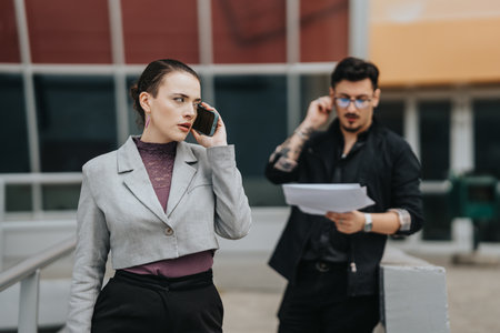 Two businesspeople discussing work outside an office building while on the phoneの写真素材