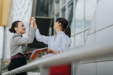 Two colleagues celebrating success outside at a modern urban office buildingの写真素材