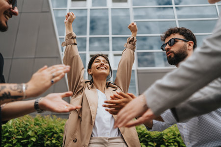 Business team celebrating success with enthusiasm and teamwork outdoorsの写真素材