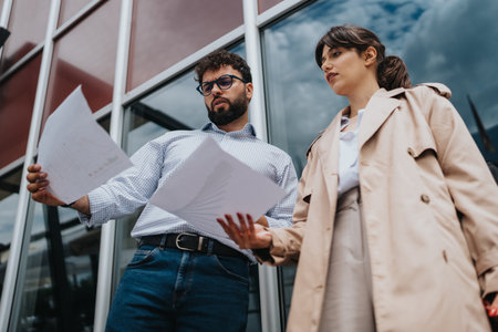 Two business people reviewing documents outside an office building under cloudy skyの写真素材