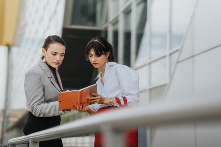 Two women discussing business plans outside an office building during dayの写真素材