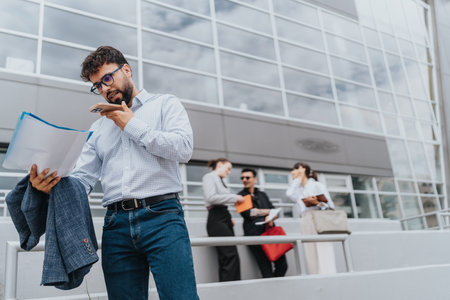 Businessman reviewing documents while speaking on phone outside modern buildingの写真素材