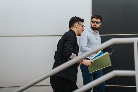 Two colleagues walking while discussing with files in handsの写真素材