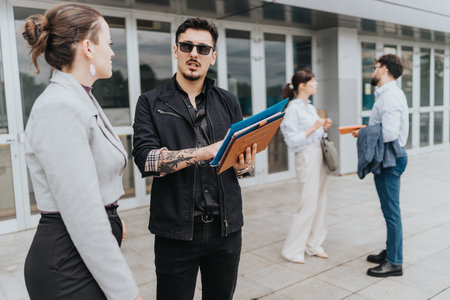 Business colleagues discussing documents during an outdoor meeting near a modern buildingの写真素材