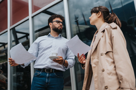Two coworkers discussing documents outdoors near a glass buildingの写真素材