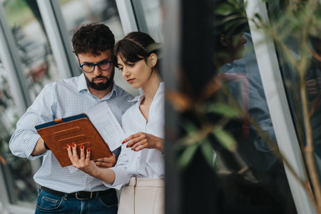 Two colleagues discussing plans with a notebook, standing outdoors near a buildingの写真素材