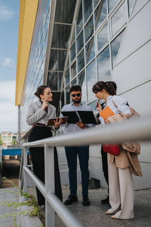 Group of business colleagues discussing documents outside a modern office buildingの写真素材