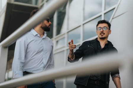 Two colleagues walking outside a modern office building in conversationの写真素材