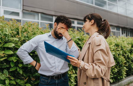 Business colleagues discussing paperwork outdoors at modern office buildingの写真素材