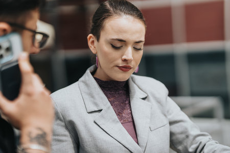 Confident woman in business attire contemplating thoughts surrounded by urban environment