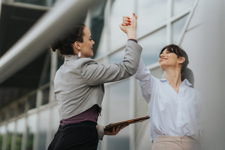 Two business colleagues celebrating success through teamwork in a modern office settingの写真素材