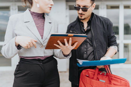 Two business colleagues reviewing documents together during a work discussion outdoorsの写真素材