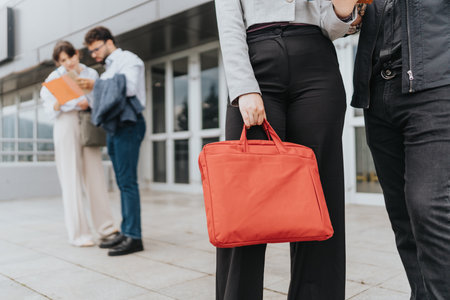 People outside an office building carrying vibrant and practical accessoriesの写真素材