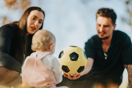 Family in autumn park shares soccer ball with baby, capturing warm, playful outdoor momentsの写真素材