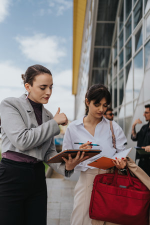Two businesswomen reviewing documents outdoors near a modern glass buildingの写真素材