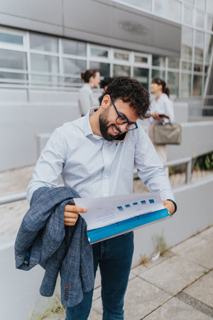 Businessperson reviewing documents while talking on phone outside office buildingの写真素材